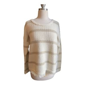Madewell Cream & Light Gray Striped Sweater Fringe Size Small Merino Wool Alpaca